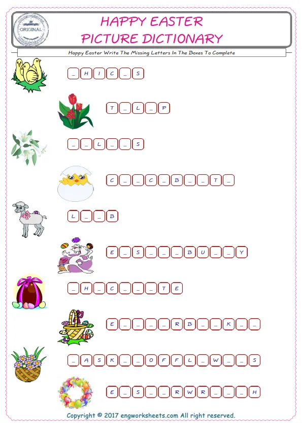 Type in the blank and learn the missing letters in the Happy Easter words given for kids English worksheet.