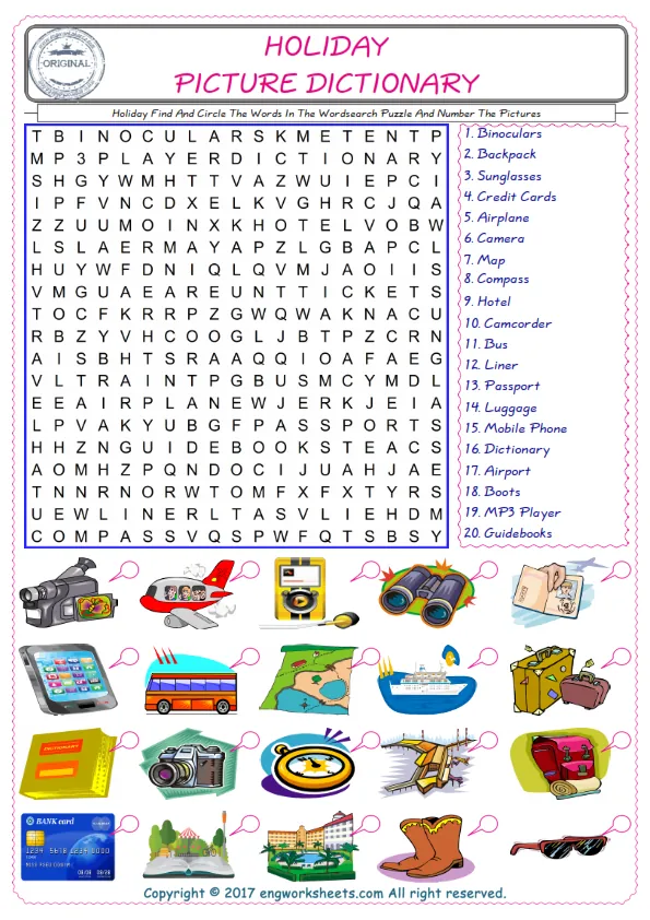 ESL wordsearch worksheets for kids, find Holiday words in the word wordsearch write its number on its picture English worksheet. Worksheet Preview