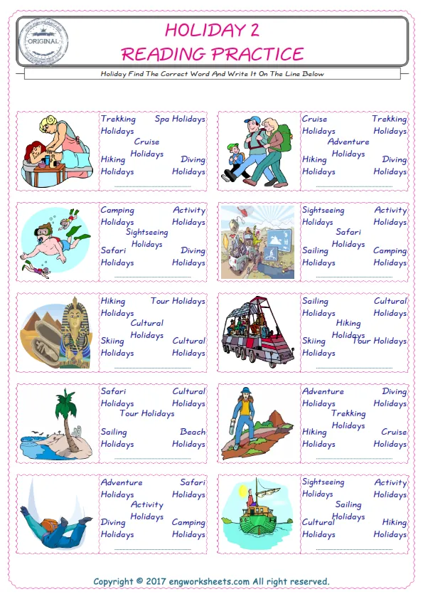 Check the picture of the Holiday for kids ESL worksheet for supplying the correct one among five words into the blank place. Worksheet Preview