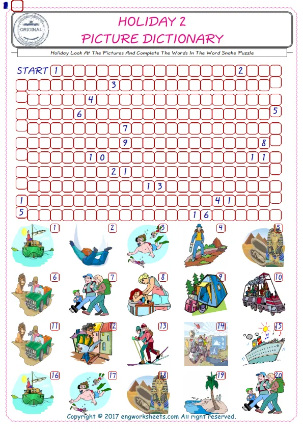 Check the Illustrations of Holiday english worksheets for kids, and Supply the Missing Words in the Word Snake Puzzle ESL play. Worksheet Preview