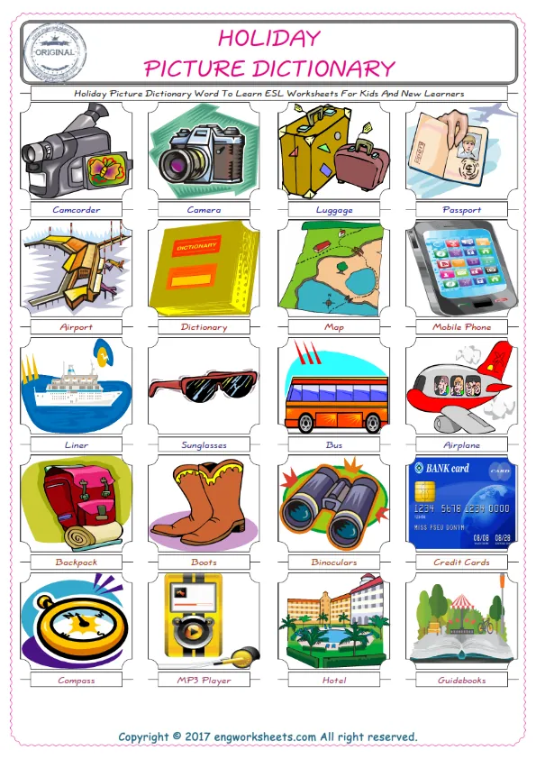 Holiday English Worksheet for Kids ESL Printable Picture Dictionary Worksheet Preview
