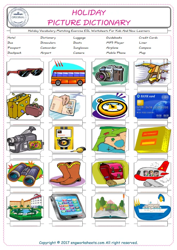 Holiday for Kids ESL Word Matching English Exercise Worksheet. Worksheet Preview