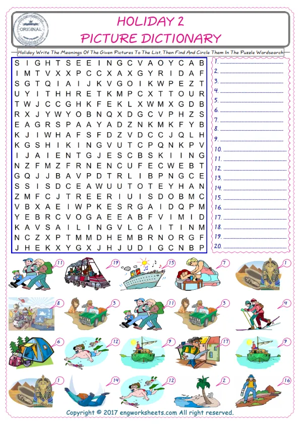 For kids, check the picture of Holiday find, and write the word and find it in the word puzzle ESL printable worksheet. Worksheet Preview