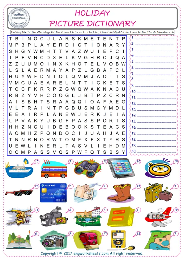 For kids, check the picture of Holiday find, and write the word and find it in the word puzzle ESL printable worksheet. Worksheet Preview