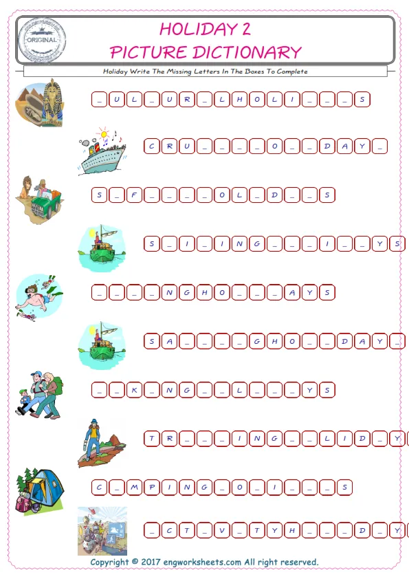 Type in the blank and learn the missing letters in the Holiday words given for kids English worksheet. Worksheet Preview