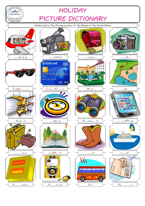 Holiday Words English worksheets For kids, the ESL Worksheet for finding and typing the missing letters of Holiday Words Worksheet Preview