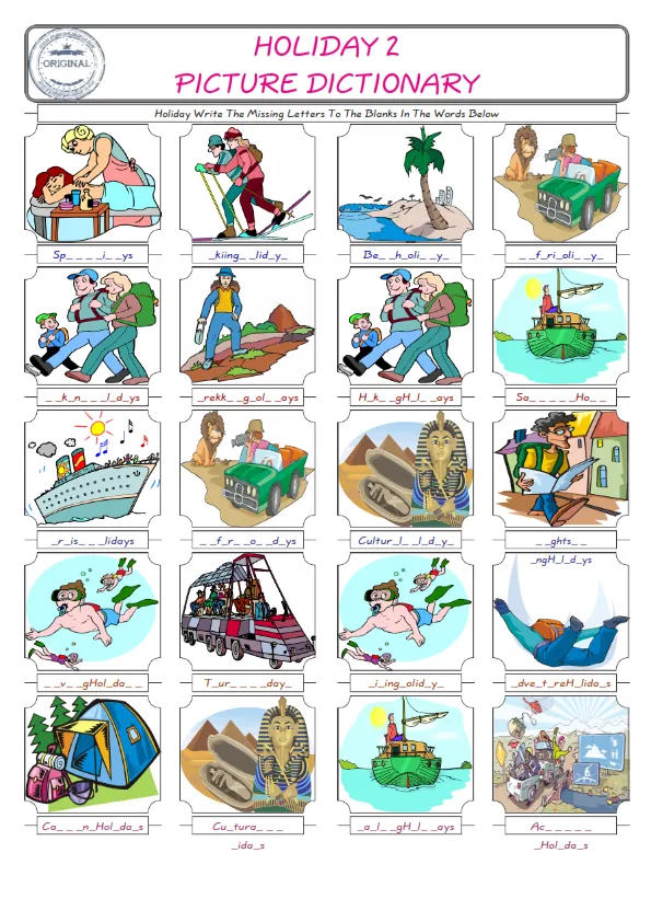 Holiday Words English worksheets For kids, the ESL Worksheet for finding and typing the missing letters of Holiday Words Worksheet Preview