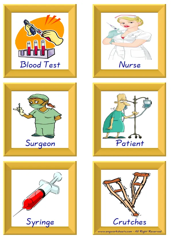 ESL Flashcard together with words containing Hospital picture for kids and teachers.