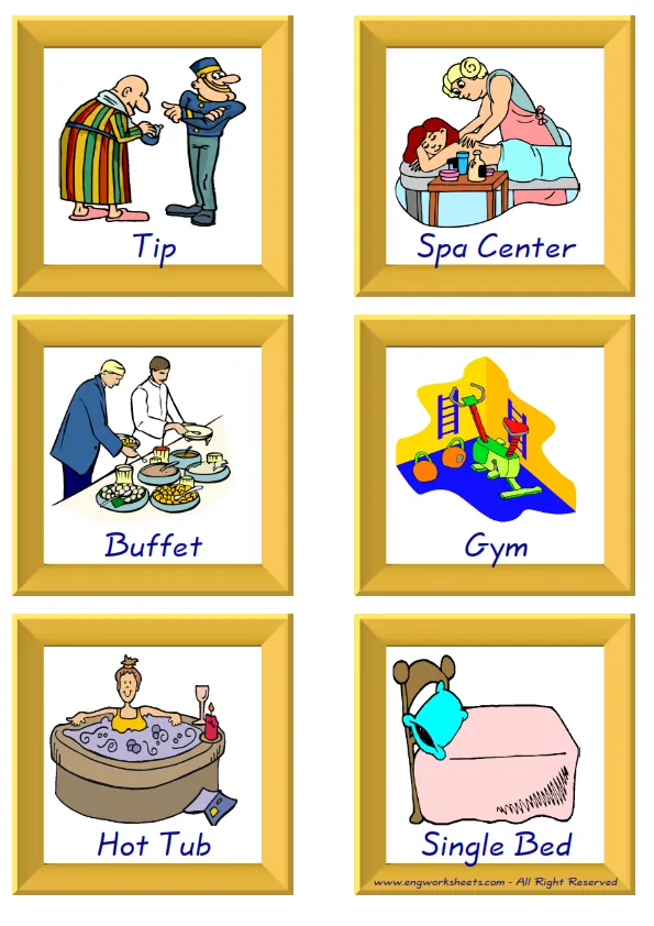 ESL Flashcard together with words containing Hotel picture for kids and teachers.
