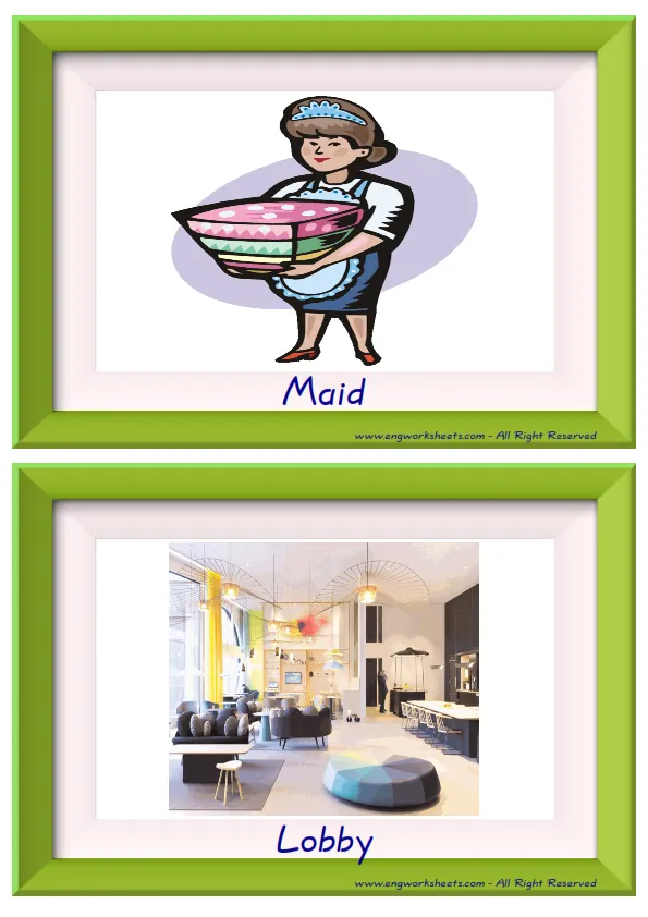 Half page ESL Flashcard together with words containing Hotel picture for kids and teachers.