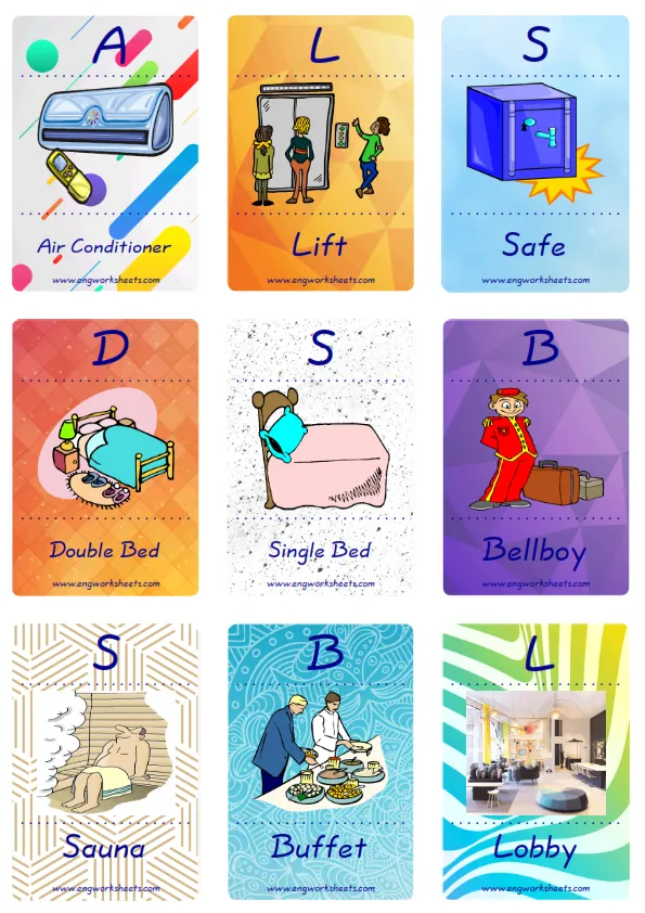 Mini size enjoyable ESL Flashcard Hotel for kids and teachers.