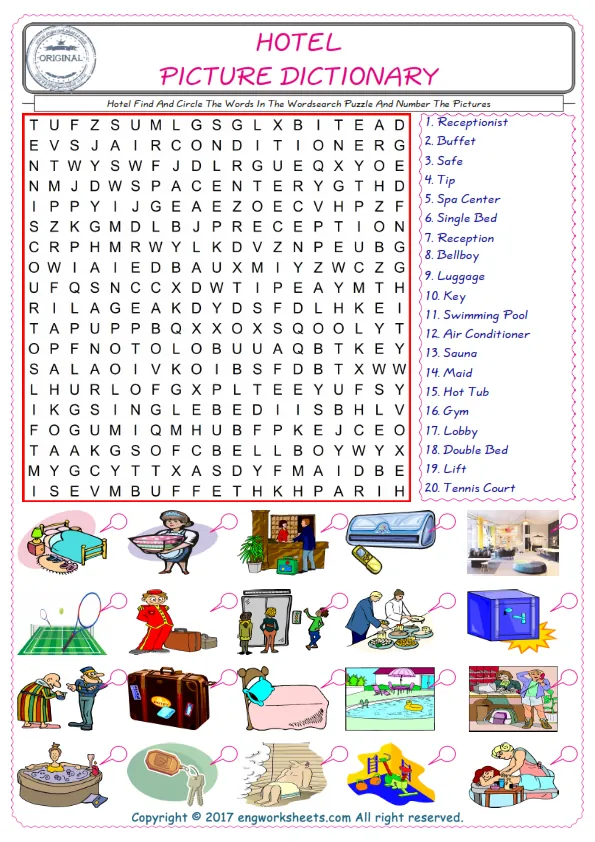 ESL wordsearch worksheets for kids, find Hotel words in the word wordsearch write its number on its picture English worksheet. Worksheet Preview