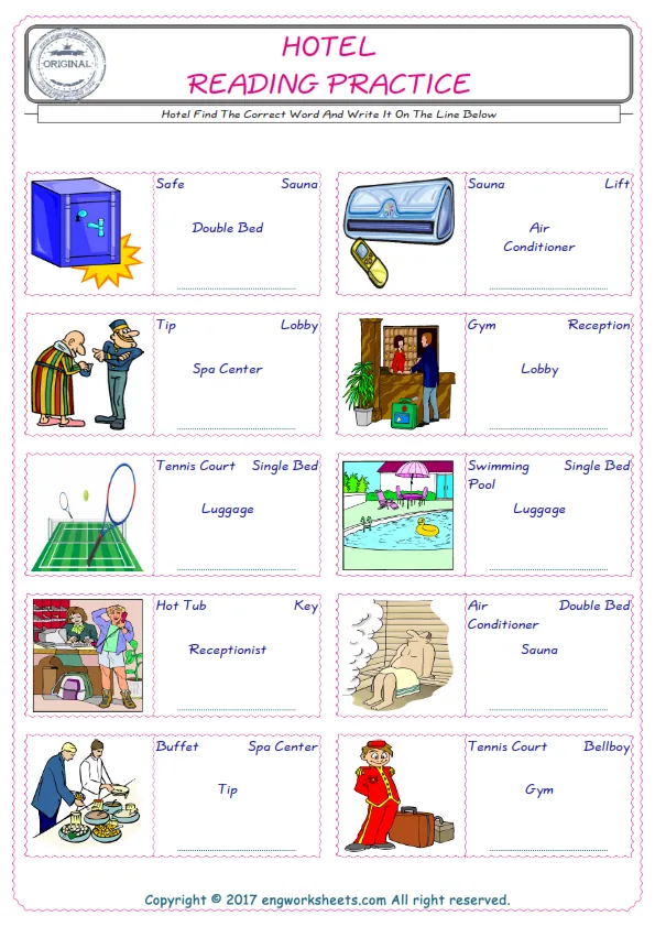 Check the picture of the Hotel for kids ESL worksheet for supplying the correct one among four words into the blank place. Worksheet Preview