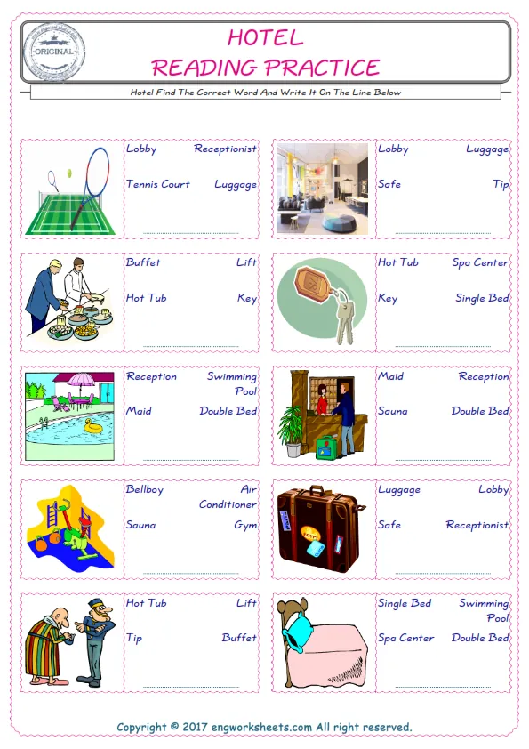 Check the picture of the Hotel for kids ESL worksheet for supplying the correct one among three words into the blank place. Worksheet Preview