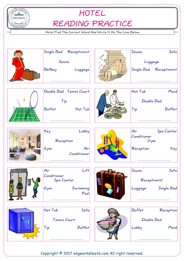 Check the picture of the Hotel for kids ESL worksheet for supplying the correct one among five words into the blank place. Worksheet Preview
