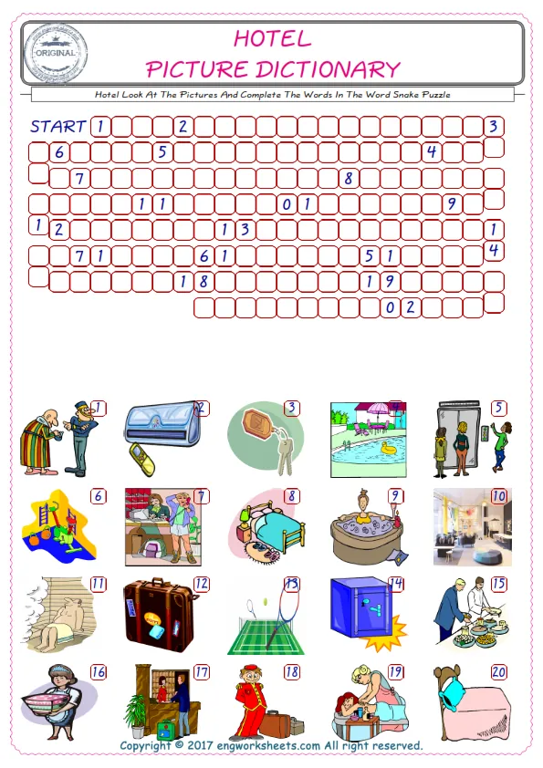 Check the Illustrations of Hotel english worksheets for kids, and Supply the Missing Words in the Word Snake Puzzle ESL play. Worksheet Preview