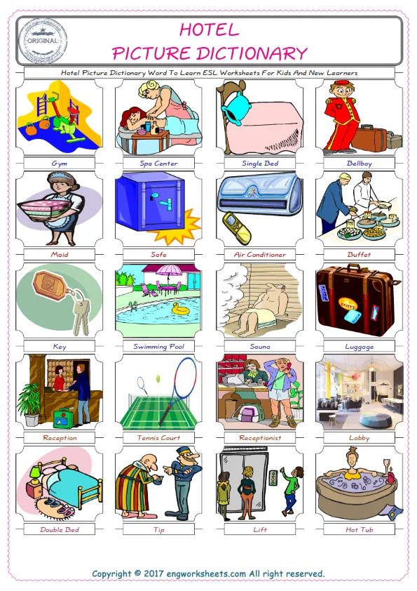 Hotel English Worksheet for Kids ESL Printable Picture Dictionary Worksheet Preview