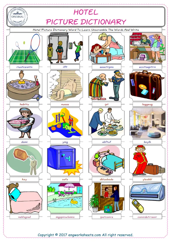 Hotel ESL Worksheets For kids, the exercise worksheet of finding the words given complexly and supplying the correct one. Worksheet Preview