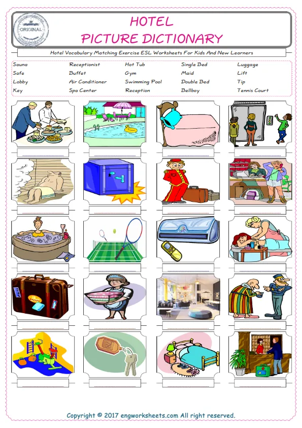 Hotel for Kids ESL Word Matching English Exercise Worksheet. Worksheet Preview