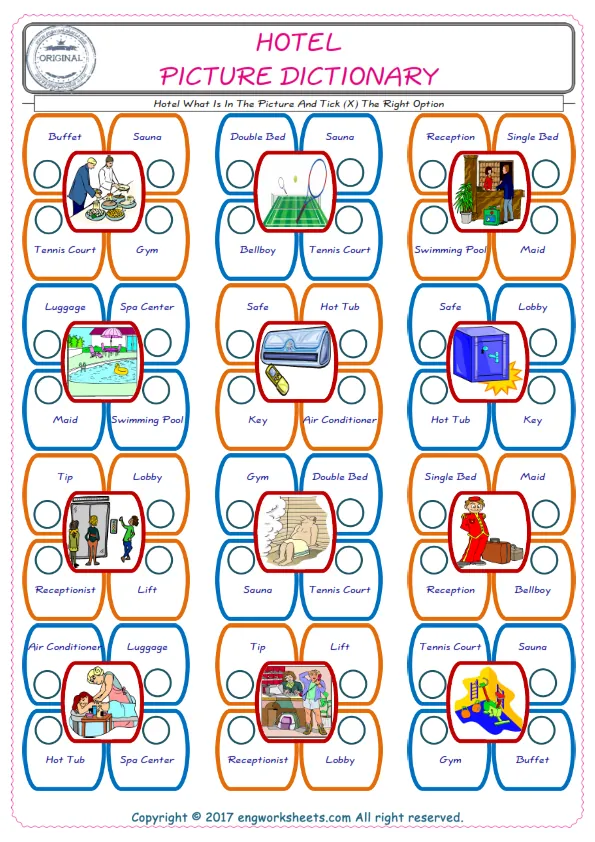 check the picture, mark the correct option amongst the given Hotel words English worksheet for kids Worksheet Preview