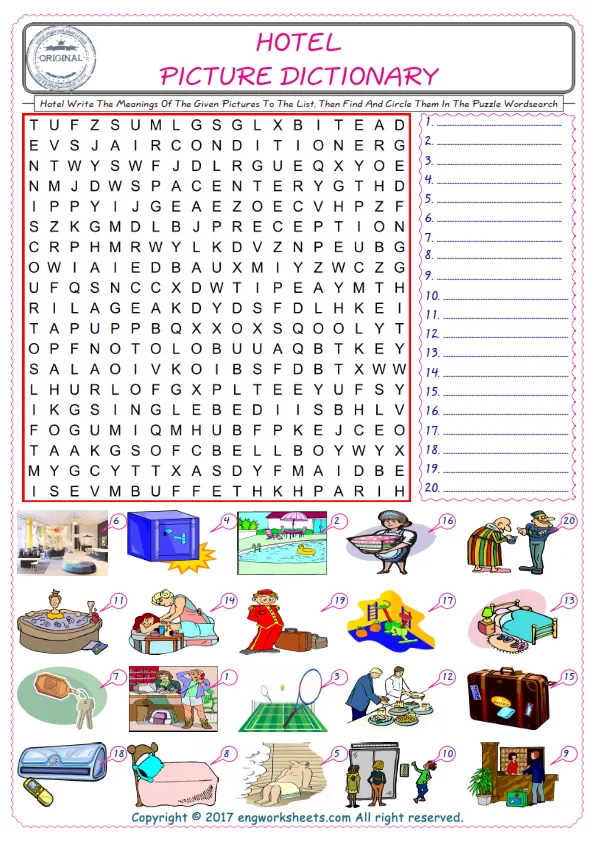 For kids, check the picture of Hotel find, and write the word and find it in the word puzzle ESL printable worksheet. Worksheet Preview