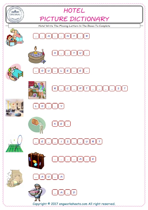 Type in the blank and learn the missing letters in the Hotel words given for kids English worksheet. Worksheet Preview