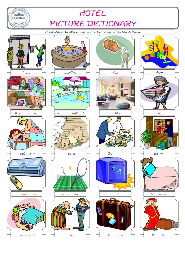 Hotel Words English worksheets For kids, the ESL Worksheet for finding and typing the missing letters of Hotel Words Worksheet Preview