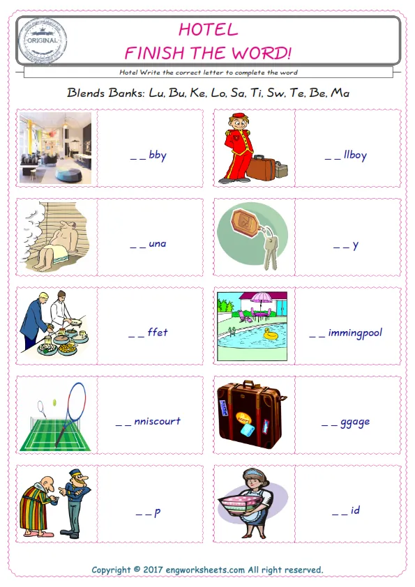For kids, the Hotel English worksheet for supplying into the correct blank place given letters special to the Hotel Words. Worksheet Preview