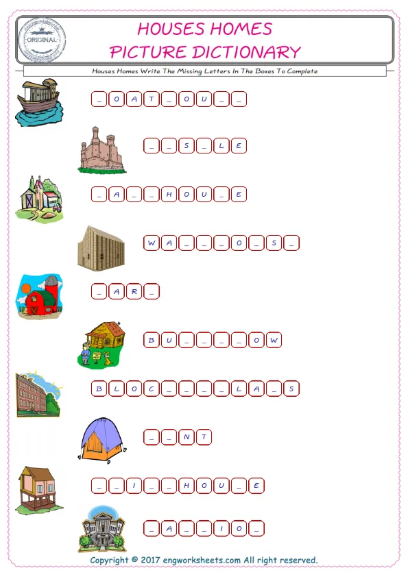 Type in the blank and learn the missing letters in the Houses Homes words given for kids English worksheet.