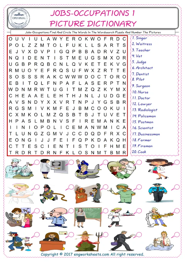 ESL wordsearch worksheets for kids, find Jobs-Occupations words in the word wordsearch write its number on its picture English worksheet. Worksheet Preview