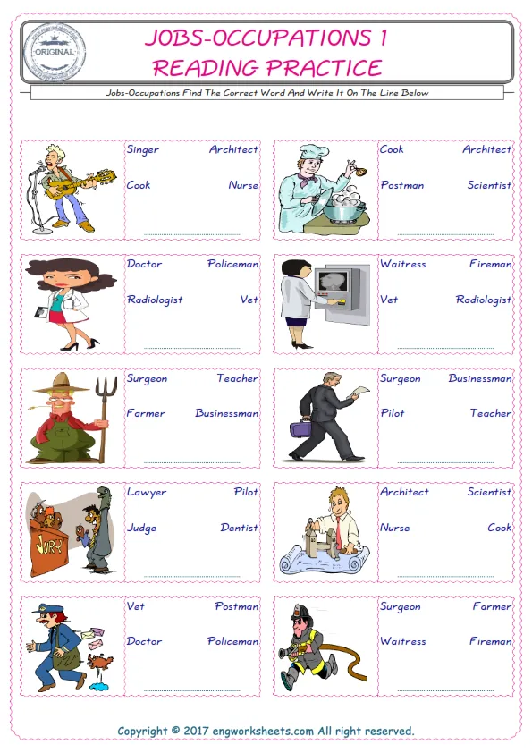 Check the picture of the Jobs-Occupations for kids ESL worksheet for supplying the correct one among three words into the blank place. Worksheet Preview