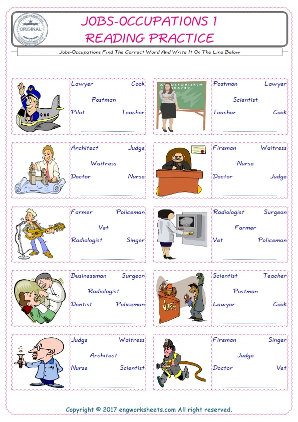 Check the picture of the Jobs-Occupations for kids ESL worksheet for supplying the correct one among five words into the blank place. Worksheet Preview
