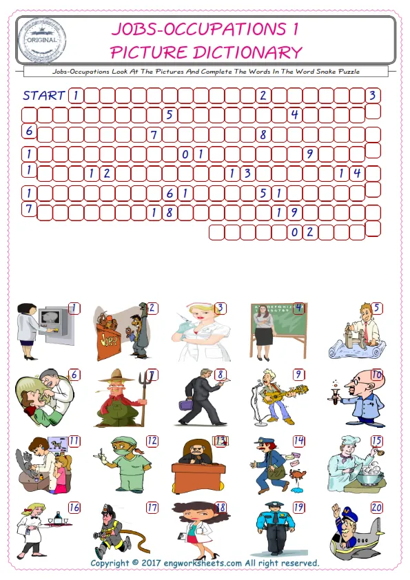 Check the Illustrations of Jobs-Occupations english worksheets for kids, and Supply the Missing Words in the Word Snake Puzzle ESL play. Worksheet Preview