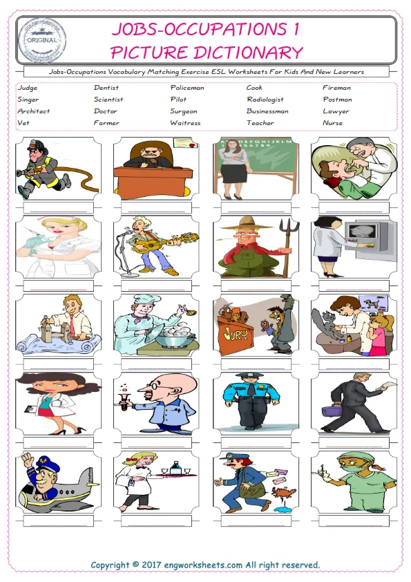 Jobs-Occupations for Kids ESL Word Matching English Exercise Worksheet. Worksheet Preview