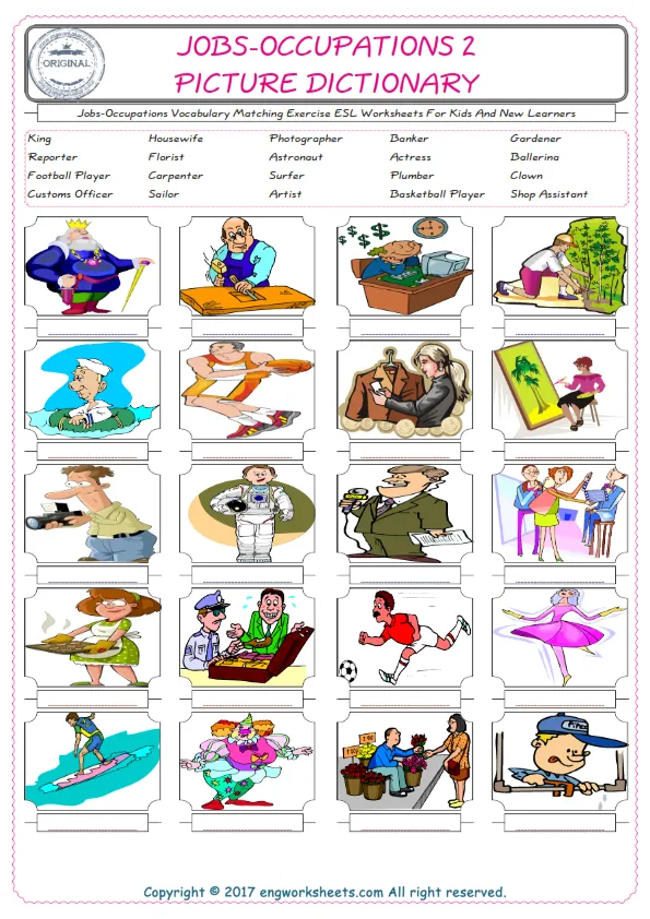 Jobs-Occupations for Kids ESL Word Matching English Exercise Worksheet. Worksheet Preview