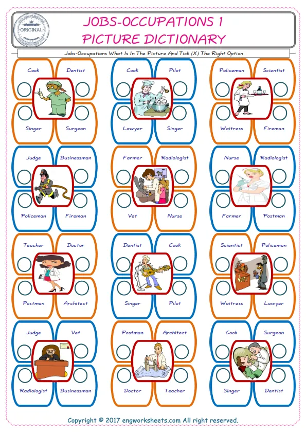 check the picture, mark the correct option amongst the given Jobs-Occupations words English worksheet for kids Worksheet Preview