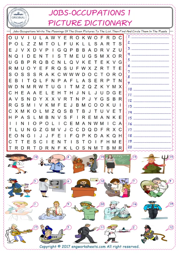 For kids, check the picture of Jobs-Occupations find, and write the word and find it in the word puzzle ESL printable worksheet. Worksheet Preview