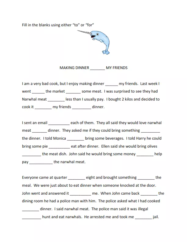 For Dinner To Vs For Worksheet Preview