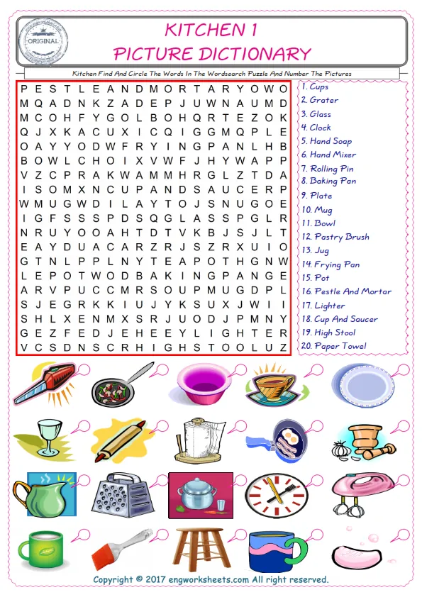 ESL wordsearch worksheets for kids, find Kitchen words in the word wordsearch write its number on its picture English worksheet. Worksheet Preview