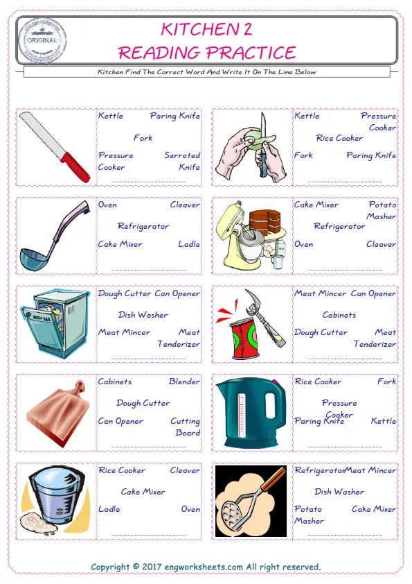 Check the picture of the Kitchen for kids ESL worksheet for supplying the correct one among five words into the blank place. Worksheet Preview