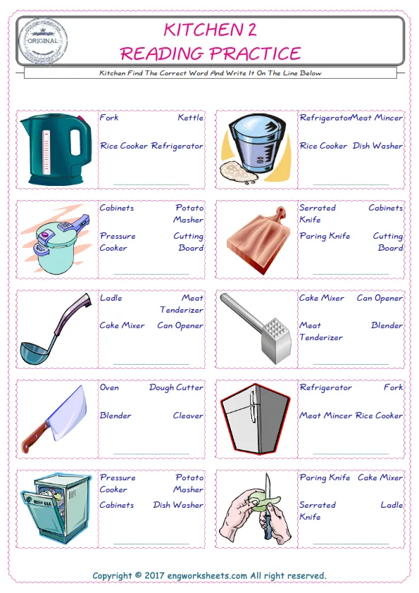 Check the picture of the Kitchen for kids ESL worksheet for supplying the correct one among three words into the blank place. Worksheet Preview