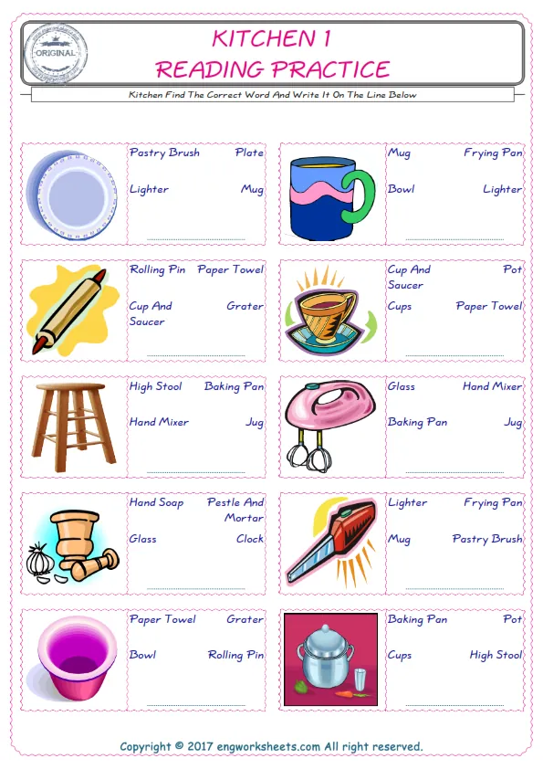 Check the picture of the Kitchen for kids ESL worksheet for supplying the correct one among three words into the blank place. Worksheet Preview