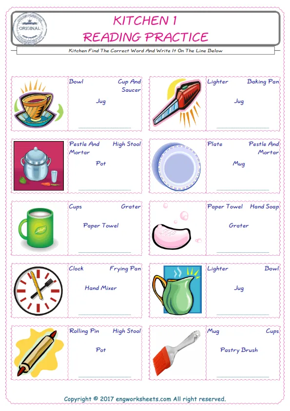 Check the picture of the Kitchen for kids ESL worksheet for supplying the correct one among four words into the blank place. Worksheet Preview