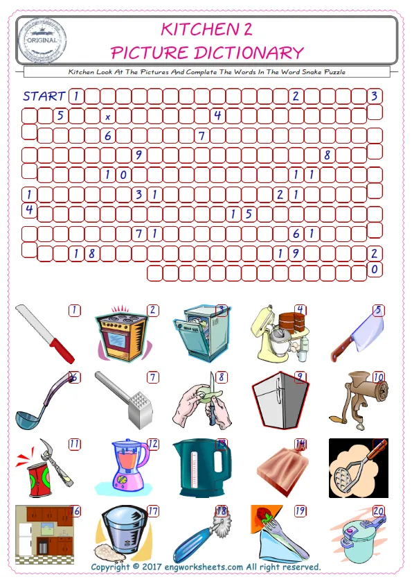 Check the Illustrations of Kitchen english worksheets for kids, and Supply the Missing Words in the Word Snake Puzzle ESL play. Worksheet Preview