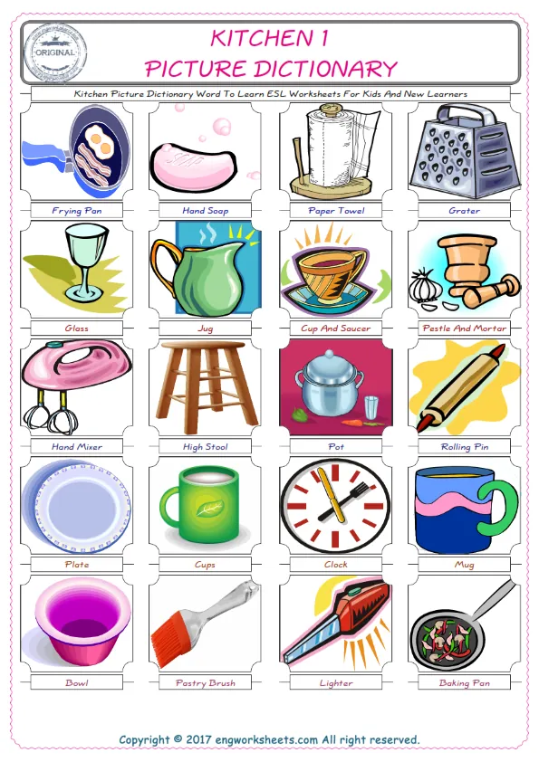 Kitchen English Worksheet for Kids ESL Printable Picture Dictionary Worksheet Preview