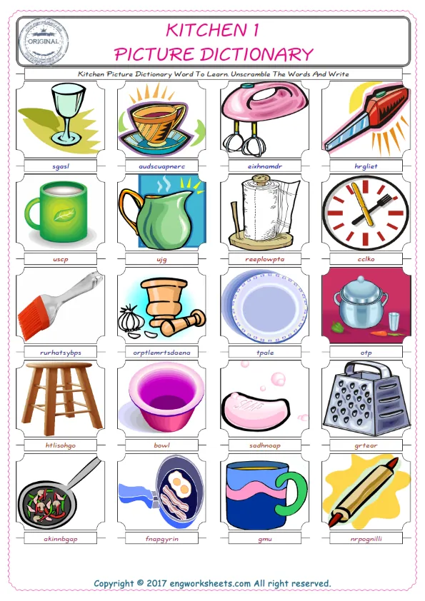 Kitchen ESL Worksheets For kids, the exercise worksheet of finding the words given complexly and supplying the correct one. Worksheet Preview