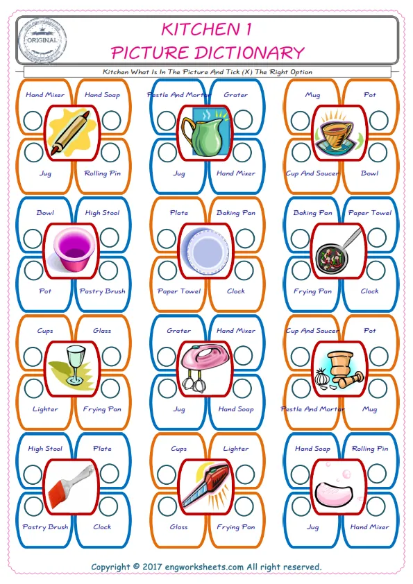 check the picture, mark the correct option amongst the given Kitchen words English worksheet for kids Worksheet Preview