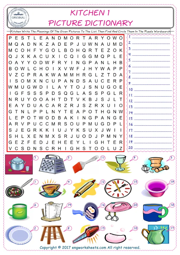 For kids, check the picture of Kitchen find, and write the word and find it in the word puzzle ESL printable worksheet.