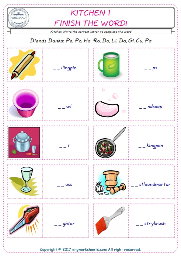 For kids, the Kitchen English worksheet for supplying into the correct blank place given letters special to the Kitchen Words. Worksheet Preview