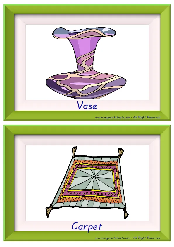 Half page ESL Flashcard together with words containing Living Room picture for kids and teachers.